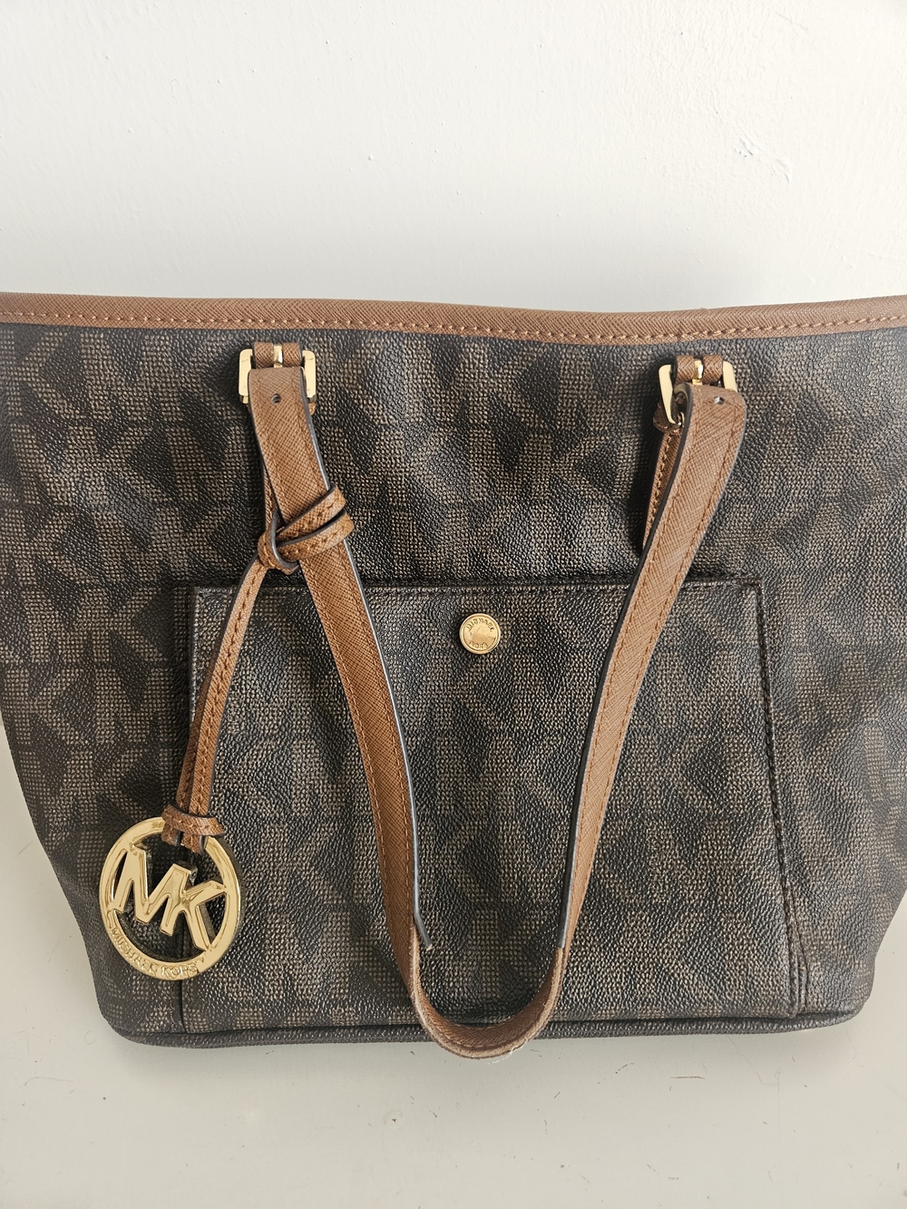 Michael Kors Brown Monogram Tote Bag with Gold Charm